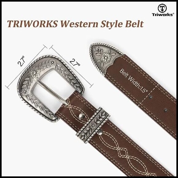 Vintage Western Leather Belt Engraved Floral Buckle Adjustable Waist Belt - Picture 4 of 7